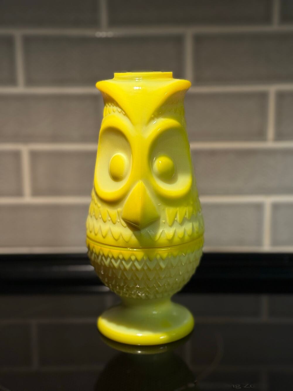 Mosser Glass Viking Mold Dandelion Yellow Glass Owl Fairy Lamp